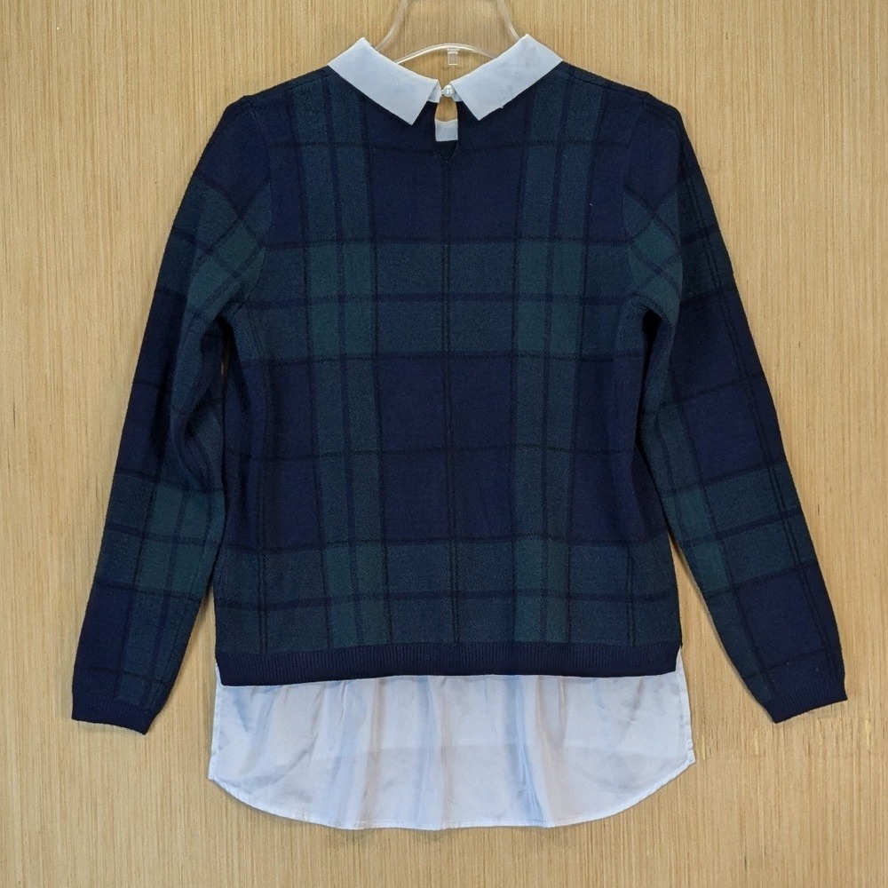 Tahari Women Preppy Academia Old Money Blue Green Plaid Layered Sweater Large - Picture 3 of 8